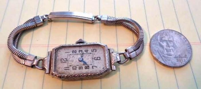 Art Deco ladies Sapphire Crown Wrist Watch. 14 KWG Case. 