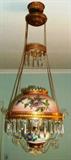 Victorian antique oil hanging light fixture with prisms and hand painted shade and base converted to electricity