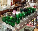 Collection of forest green footed glasses and other glassware