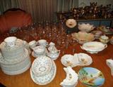 Duncan Miller Chantilly crystal, Haviland Blue Bell China and hand painted decorator signed German plates and bone dishes, silver plate hollowware and other pieces.