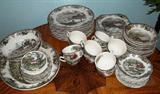 Johnson Bros. Friendly Village Made in England. Place settings, plus Harvest Time platter, The Village Green oval bowl, Autumn Mist round bowl, coasters, fruit bowls; oval platter; sugar bowl with lid and creamer