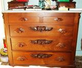 1880s 4 drawer half marble top walnut dresser base with top boxes, two side by side top drawers with 3 drawers below with drawer wooden fruit grips.