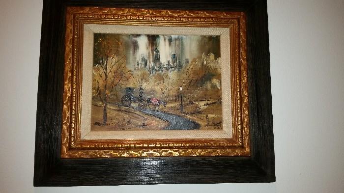 Orig Robert Labron Oil Canvas - Carriage Ride in Central Park - DBL Framed 