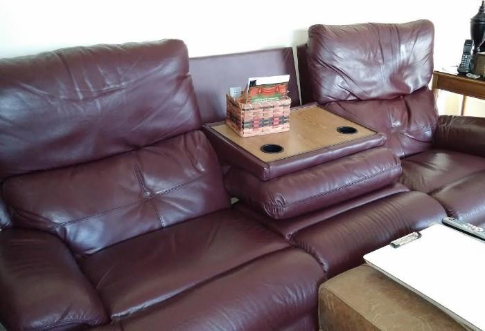 LEATHER SOFA W/RECLINERS AND FOLD DOWN BEVERAGE HOLDER