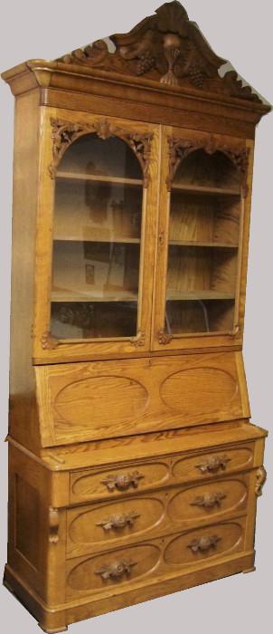 ~ C/1880's Nice Victorian Oak Slant Front Secretary w/Bookcase above and carved crown 