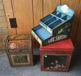 C/1920's Life Saver counter-top tin display ~ C/1900 Keaton Cracker Co. counter tin ~ C/1890 Roll top counter Spice tin 