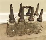 C/1940's automotive oil bottle carry rack w/8 bottles and funnel caps