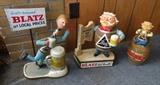 C/1950's Blatz heavy metal Barrel Man back bar figure ~ C/1950's Blatz Man ice skater back bar figure, heavy metal ~ C/1950's Blatz Barrel Man heavy metal back bar figure 