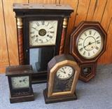 C/1870's Octagon top mantle clock ~ C/1860's time only Welch small Cottage clock ~ C/1890's Seth Thomas short drop Regulator w/Mahogany case ~ C/1850 Half Column Seth Thomas 3 weight mantle clock 