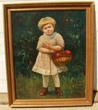 Circa 1900 Oil on canvas of Little Girl w/apples, signed Otto Gehrke , 26x32"h., includes original photo and pair of her shoes 