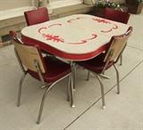 C/1950's Formica topped red and white kitchen table w/4 matching chairs 