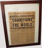 1935 Detroit Free Press newspaper Headline "Detroit Tigers World Champions", framed 