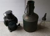/1930's “Handlan” RR Switch lamp w/Kerosene burner ~1918 Gasoline measuring can ~ C/1920's Oil bottle w/funnel cap 