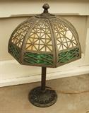 C/1920-8 panel 2 color bent slag glass table lamp 