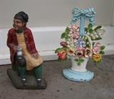 C/1920's cast iron Floral Bouquet door stop ~ C/1910 cast iron English Pub Squire door stop