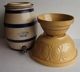 C/1910-2 gallon Blue Banded Cooler crock w/ lid ~ C/1920's Lg. English crock mixing bowl ~ C/1900-2 quart mixing bowl 