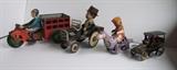 C/1930's Marx tin litho “Speed Boy Delivery” motorcycle/cart ~ C/1930's Charlie McCarthy Tin Jalopy by Marx ~ 1962 tin litho Marx Barney Rubble (Flintstones) riding Dino ~ C/1910 tin litho wind-up Open Air Shuttle 