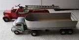 C/1950's Heavy metal Ladder Fire Truck ~ C/1950's Heavy Metal Tractor w/open trailer (polished aluminum) 