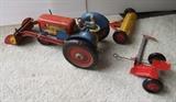 C/1950's tin litho Japanese tractor w/front end loader includes hay rake and sickle mower w/orig. box (box not pictured) 