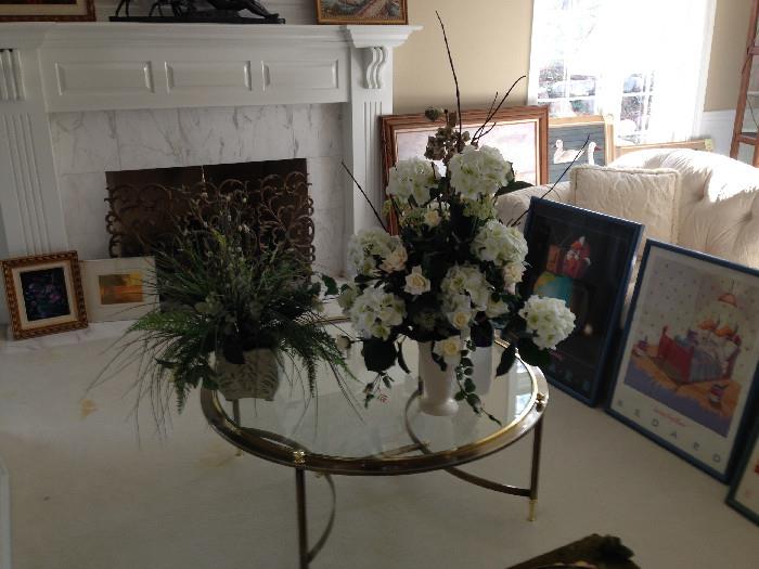 Brass coffee table, centerpieces and art galore