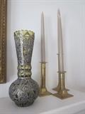 early glass vase with metal filigree