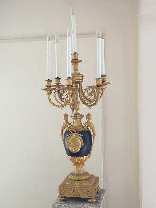 French candelabra, gold plated bronze mounts, Sevres blue inserts, circa 1870 