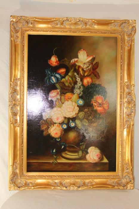 Fine Art – Framed piece. Painting of various flowers in vase. Ornate and decorative golden frame. Lovely piece. Painting unsigned.