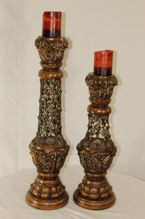 Furnishing – Pair of ornate candle holders. Pieces are wooden and embellished with intricate designs. Beautiful set. Statement piece.