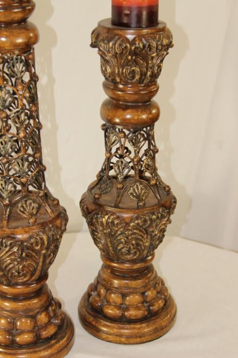 Furnishing – Pair of ornate candle holders. Pieces are wooden and embellished with intricate designs. Beautiful set. Statement piece.