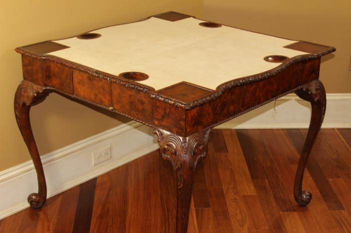 Furnishing – Side table which opens up to be a card table. Wooden table is a lovely piece. Well made, pretty piece. Decorative legs and table trim. Very nice condition. Unique piece