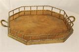 Kitchen – Octagon serving tray. Piece has metal trim around it and two handles. One visible repair made to handle. Sturdy piece. Unmarked.