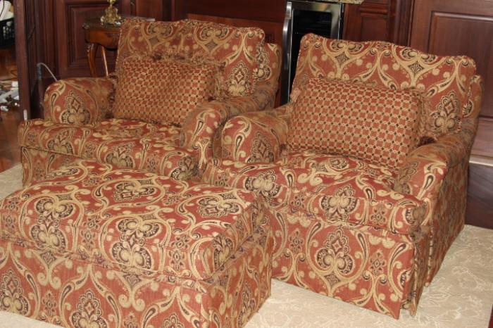 Furniture – Three piece matching set. Two plush armchairs and one ottoman. All pieces are upholstered in red patterned fabric. Armchairs come with back support pillows. Pieces marked ‘Century Furniture’. All pieces are wheeled. Great lot, all pieces in great condition