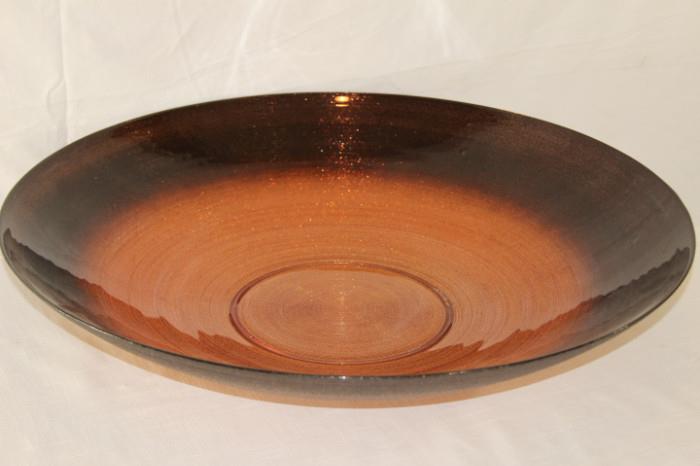 Glassware – Large glass serving bowl. Shallow piece is multi-shades of brown with a bit of shimmer to it. Very pretty piece, unmarked.