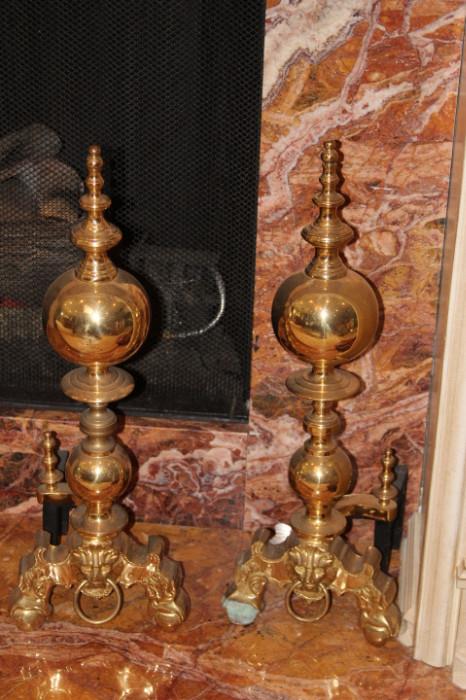 Furnishings – Pair of fireplace ends. Golden pieces in circular ball pattern. One piece has visible chip to bottom leg.