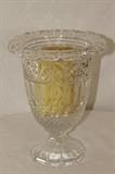 Furnishings – Clear glass piece. Cut glass symmetrical pattern. Piece can be used as candle holder or as vase. No chips, nicks, or scratches. In nice condition. Comes with pillar candle