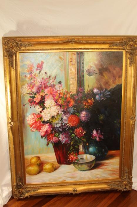 Fine Art – Framed piece. Bouquet of flowers arranged in red vase with lemons on the side. Peace is lovely in many colors. Pieces is not signed. Ornate gold frame accents the picture beautifully. Slight chips and scratches to frame