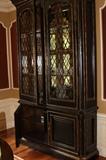Furniture – Dark wooden china cabinet with cabinet base. Cabinet opens to two shelves. Cabinet has glass doors and opens up to four shelves. Ware to all corners. Bold statement piece