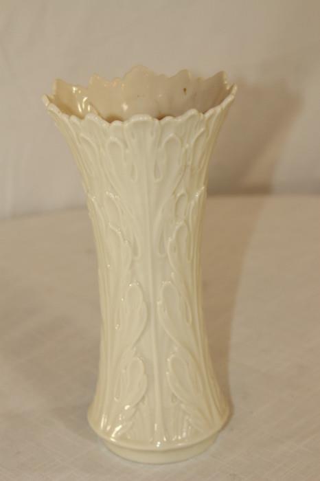 Ceramics – White Lenox vase. Piece is marked made in the USA. White leaf pattern on vase. Mint!