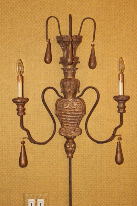 Furnishing – Lamp. Piece is metal with two faux candles. Sits flush against wall. Decorative piece. In working conditio