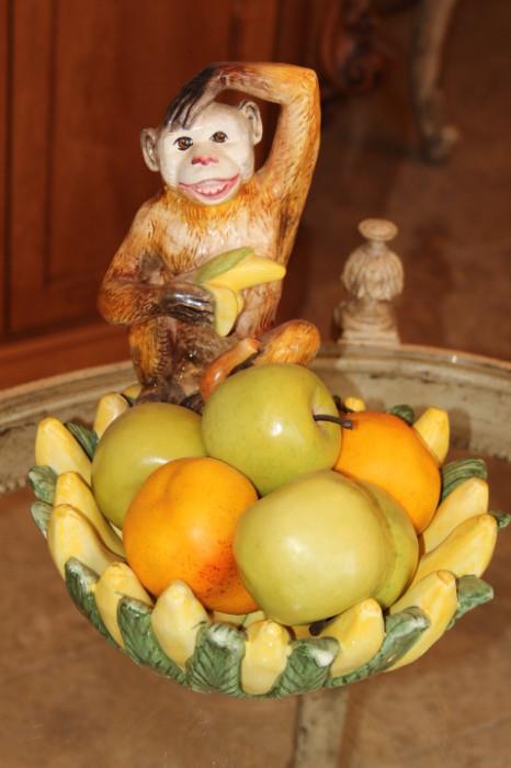 Ceramics – Decorative bowl with monkey on side. Piece is made of ceramic bananas. Artificial fruit is in bowl. Unique piece.