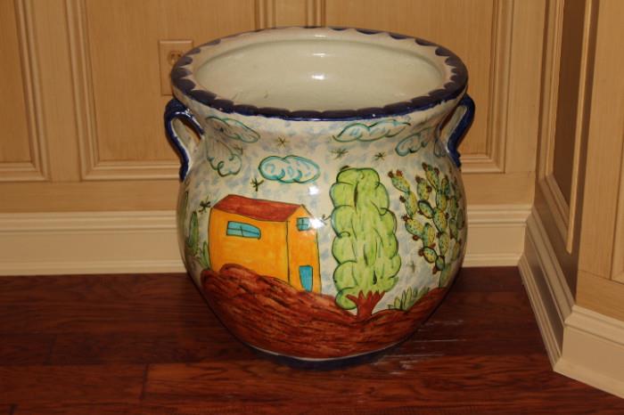 Ceramics – Large polychrome ceramic pot. Piece has two handles. In very nice condition.
