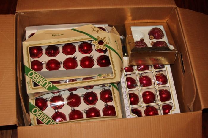 Miscellaneous – Box full of Christmas ornaments. Varied ornaments of colors, sizes, and decor are in original boxes