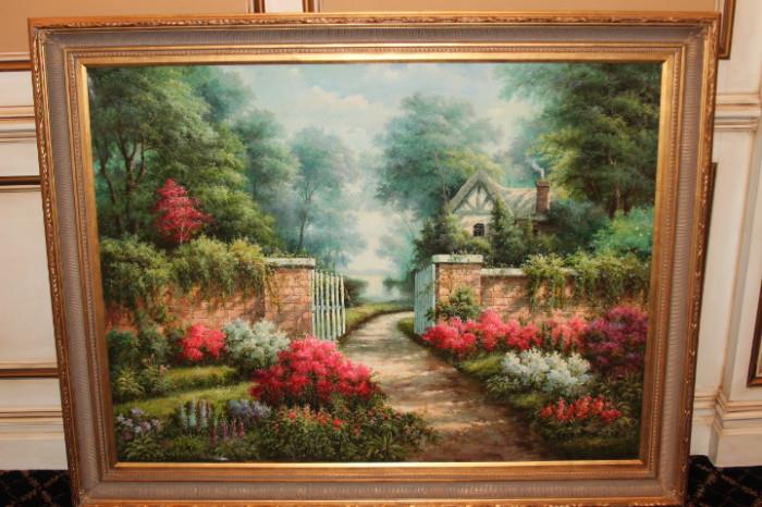 Fine art – Framed piece. Unsigned piece. Lovely garden in front of a cottage with brick wall. Beautifully made. Piece is unmarked