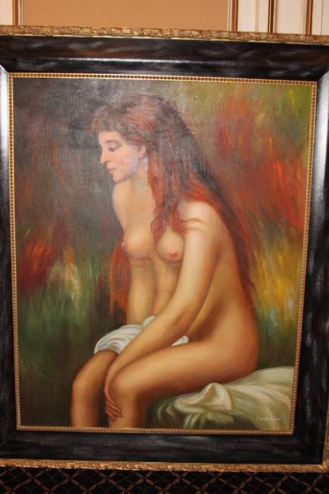 Fine Art – Oil painting of topless woman. Woman has long hair. Piece is marked ‘C.W.Harcoure’. Ornate and lovely frame.