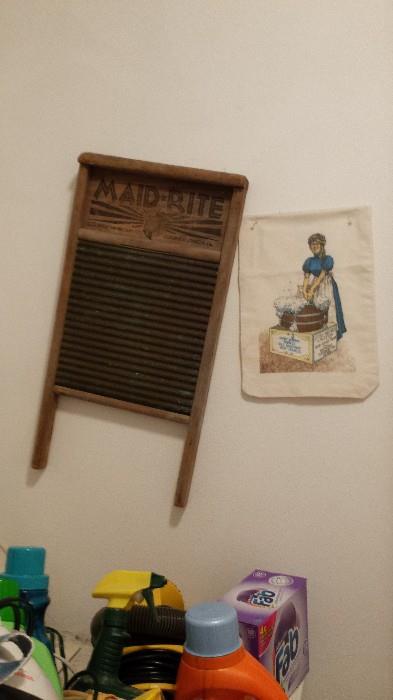 Antique washboard and sack