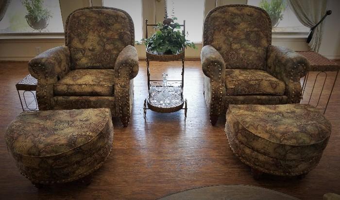 Matched pair of chairs and ottomans