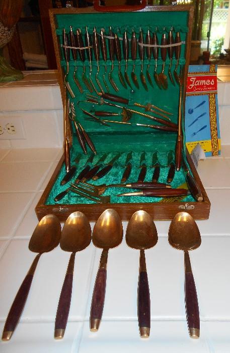 James Quality Jewelers Vintage Flatware Set.  43 pc brass with rosewood handles