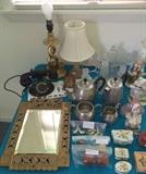 1920s/30s Western Electric Rotary Telephone - Black, 1927 Westclox Baby Ben Alarm Clock w/ Rose Crackle Finish, Vintage Mirror, Vintage Manor Pewter, Frosted Glass Pair of Candelabras, Limoges ('Paris Style', France) 'Hand Painted for Bullock's Wilshire' Hinged Trinket / Pill Boxes (3), Lefton Figurines, 
 
 