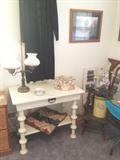Antique Table w/ Spool Legs, Antique Lamp, Antique Log Cabin Quilt, Antique Chair, 