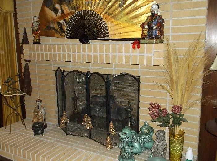 Fire screen, small wrought iron table, large fan